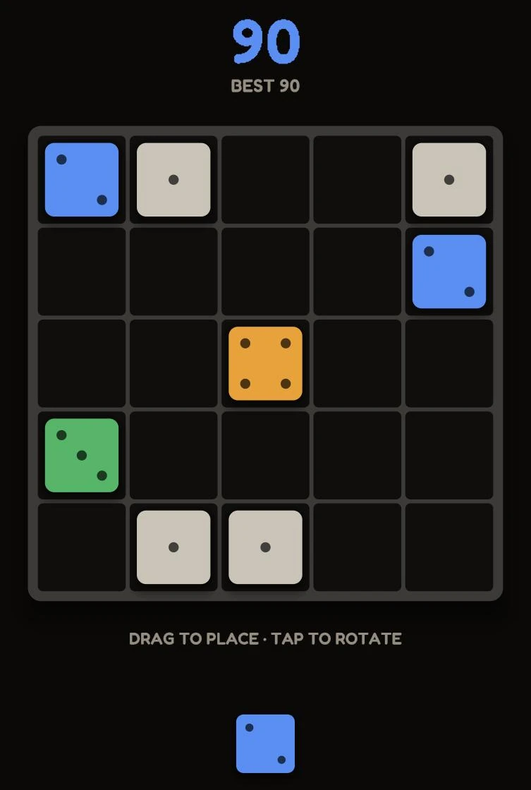 Dice Merge Game: a five-by-five board holding dice valued one to four, a score of 90, and the next die below.