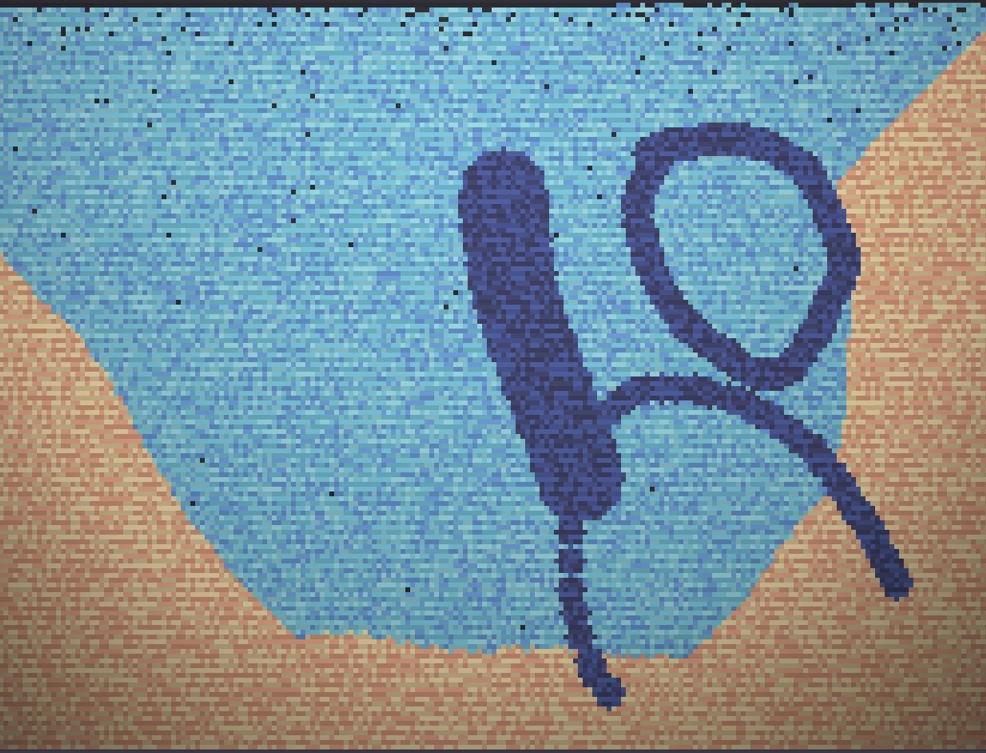 Phosphor Sand on a phone: a basin of water between sand slopes, with stone drawn into it and dark air bubbles scattered through the water, under a CRT scanline look.